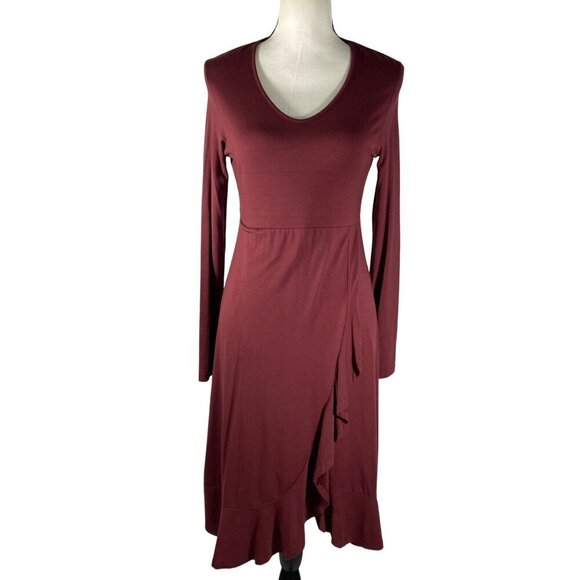 Adventura Burgundy faux Wrap-Style Midi Dress Ruffle Hem & Long Sleeves S tiered - Picture 1 of 10